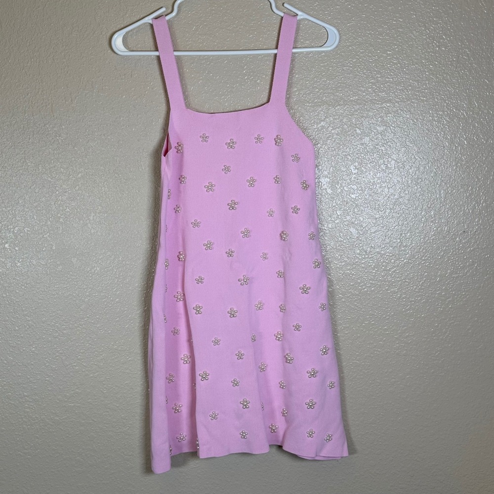 Zara Pink Knit Pearl Flower Mini Dress Sleeveless Square Neck 2142/076 S EUC